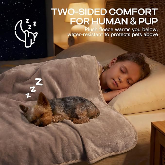 Luciphia Waterproof Pet Blanket, Washable Reversible Sherpa Fleece Throw | Liquid-proof furniture protector for bed and couch, soft reversible sherpa fleece for dogs, cats khaki, S