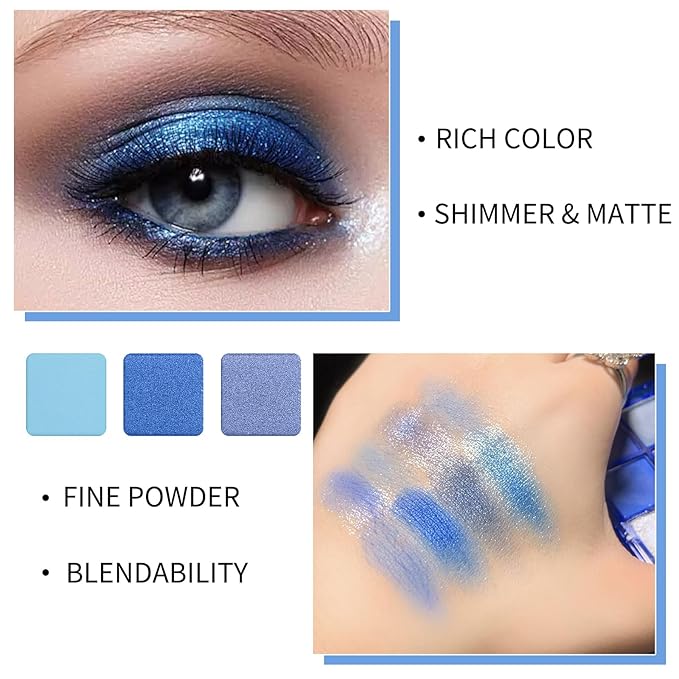 Erinde 9 Colors Dark Light Royal Cobalt Blue Pearl White Glitter Shimmer Eye Shadow Makeup Palette Highly Pigmented Waterproof Matte Glitter Shimmer Daily Party Sparkling Eyeshadow Palett for Girl