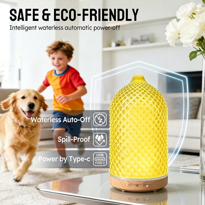 Essential Oil Diffuser, 3D Diamond Glass Aromatherapy Diffuser with Ultrasonic Cool Mist, 7 Color LED Lights, 1/2/4H Timer, Quiet Auto Shut-Off Oil Diffuser for Bedroom, Home, Office (Yellow)