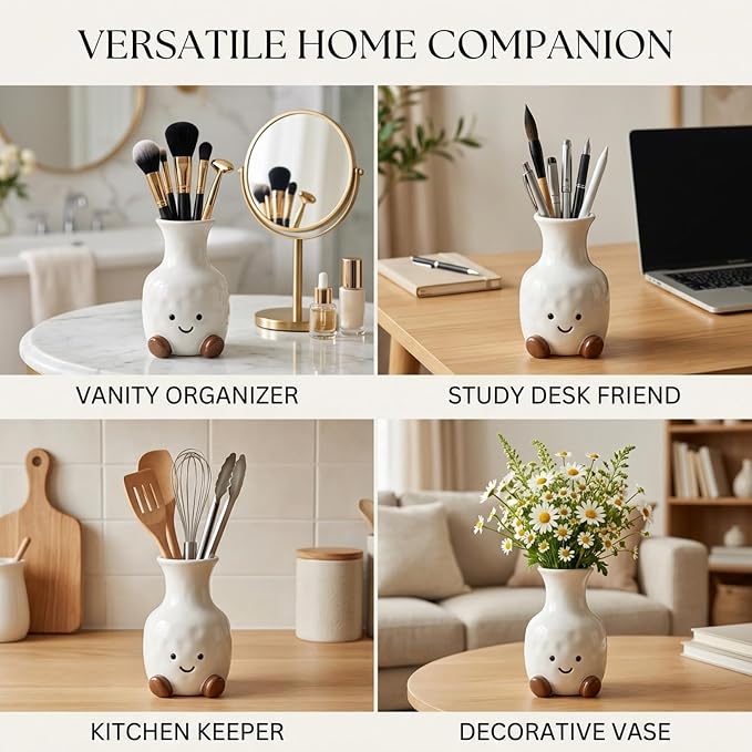 Cute Smile Face Vase – White Ceramic Cute Flower Vase for Home Decor, Modern Decor Vase for Living Room Bedroom, for Women Friends Family
