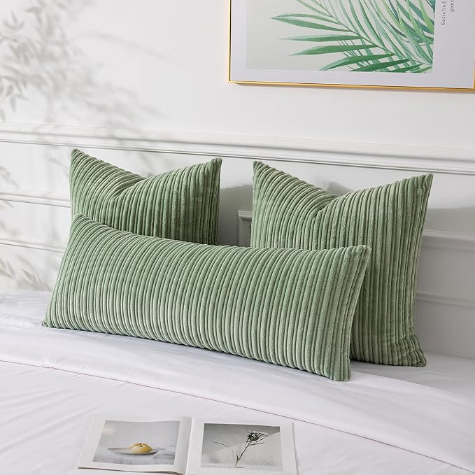 UGASA 14x36 Inch Pillow Cover Pack of 1 Soft Boho Stripe Corduroy Large Long Rectangular Lumbar Cushion Cover Farmhouse Decorative Throw Pillowcase for Bed Couch Sofa Bedroom Living Room Sage Green