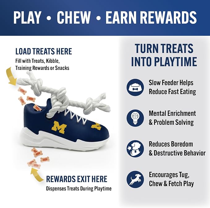 NCAA Michigan Wolverines Cleat Sneaker Spike Dog Toy, Treat Dispenser Chew Toy for Dogs, Interactive Rope Tug Toy, Slow Feeder Natural Rubber Dog Toy with Official Team Logo for Puppies & Adult Dogs