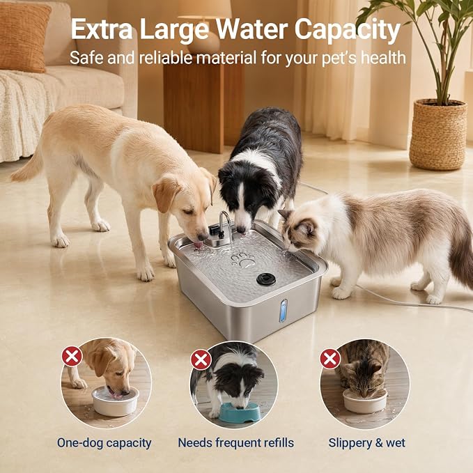 Cat/Large Dog Water Fountain, 4.5Gal/17L Quiet LED Blue Light Stainless Steel Pet Water Fountain for Large Dogs Indoor with 3 Replacement Filters, Multi-Filtration & Deeper Drinking Surface