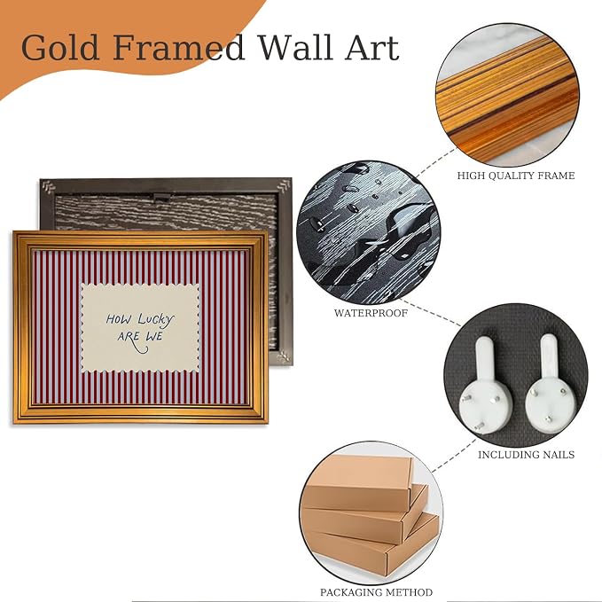 How Lucky Are We Gold Framed Wall Art Striped Quotes Wall Decor Art | Preppy Inspirational Picture Canvas Art Funky Vintage Small Framed Prints Artwork For Apartment Dorm Bedroom Vanity Bookshelf