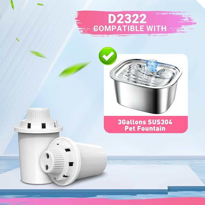 Water Fountain Replacement Filters, 4 Pack for D2223/2322/2340/2341 | Activated carbon and ion-exchange resin offer 7-layer filtration to reduce hair and odors; replace each filter every 2 weeks.