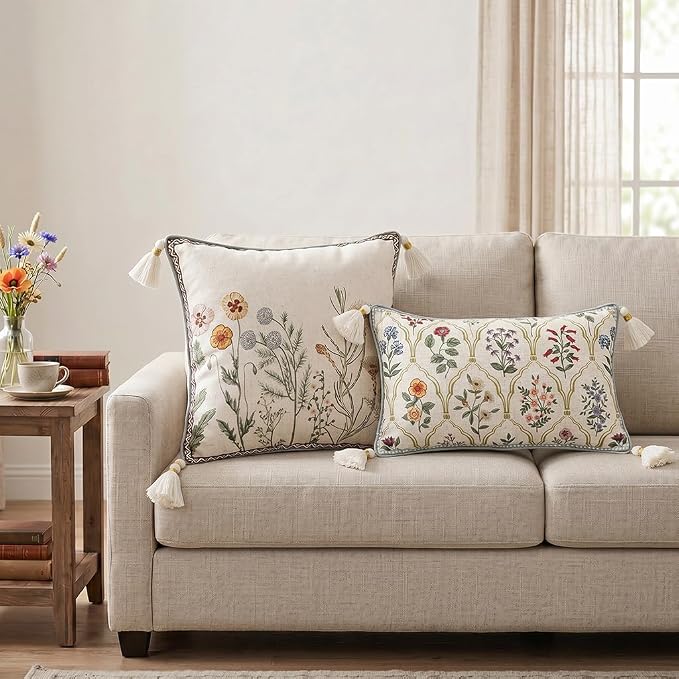 Designer Linen Throw Pillow Cover,Set of 2,18"x18"-Serenity D | Vintage French Elegant Square Decor Pillow Cover,Concealed Zipper Design,Light Beige,Sofa,Bedroom,Living Room,Chairs