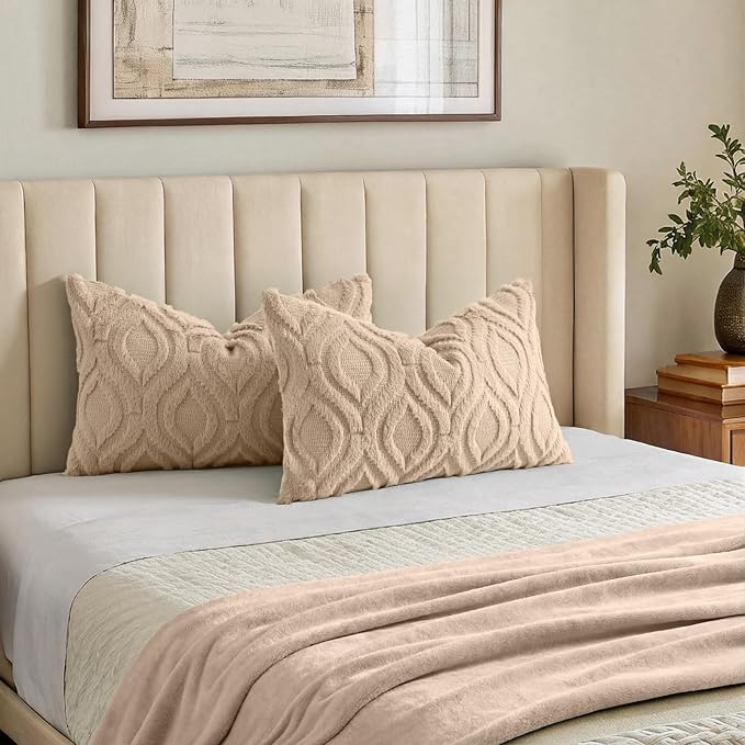 decorUhome Faux Fur Soft Light Khaki Throw Pillow Covers 12x20 Set of 2 | Plush Solid Fall Couch Pillow Covers, Accent Modern Farmhouse Neutral Decorative Square Pillow Cases for Sofa Bed Living Room