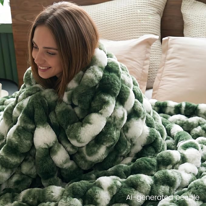Cozy Bliss Faux Fur Throw for Couch, Fuzzy Soft Plush Thick Bubble Blanket for Sofa Bedroom Living Room, 60x80 Inches Tie-dye Olive Green
