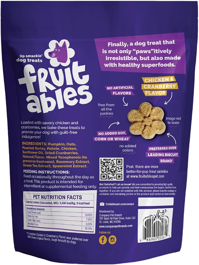 Fruitables Baked Dog Treats, Low Calorie Treats, Chicken & Cranberry, 20oz | Healthy Dog Treats, Training Treats, Crunchy Dog Biscuits, Limited Ingredient Recipe, Healthy Puppy Snacks, Made in USA