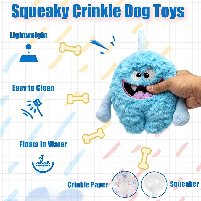 Monster Stuffed Squeaky Dog Toy, Crinkle Dog Plush Toy, Light Blue | Soft Lightweight Toy for Fetch and Chew, Interactive Outdoor Indoor Play for Tug, Birthday Gift, For Puppy Small Medium Dog