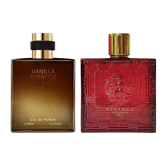 AFLUXE 2PCS Mens Perfume Cologne Long Last Strong EDP Natural Spray Gift Set, with Cocoa, Dried Fruits, Woody Fragrance for Daliy Use, 3.4 Fl Oz / 100 mL Each (Vintage Heroes Red & Vanilla Tobacco)