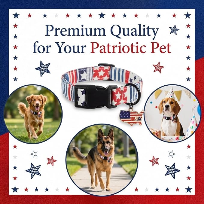 American Flag Dog Collar for Boys Dog, Patriotic Dog Collar with Star & Stripes Pattern, Adjustable Male Collar with Map Charm for 4th of July Occasion & Daily Walking, Fits Small Breeds