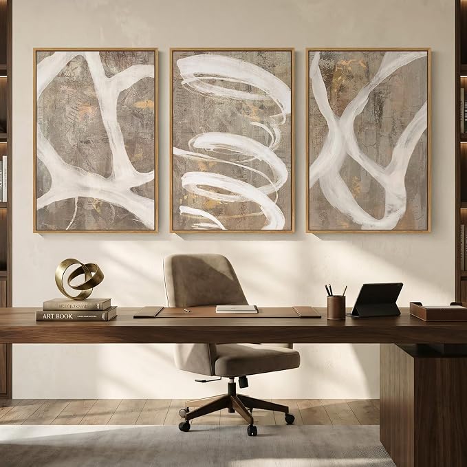 Large Framed Neutral Abstract Wall Art for Living Room, 3 Piece Modern Canvas Prints Paintings Artwork for Walls, Minimalist Beige Taupe White Abstract Pictures for Hallway Office Wall Decor 24x36 In