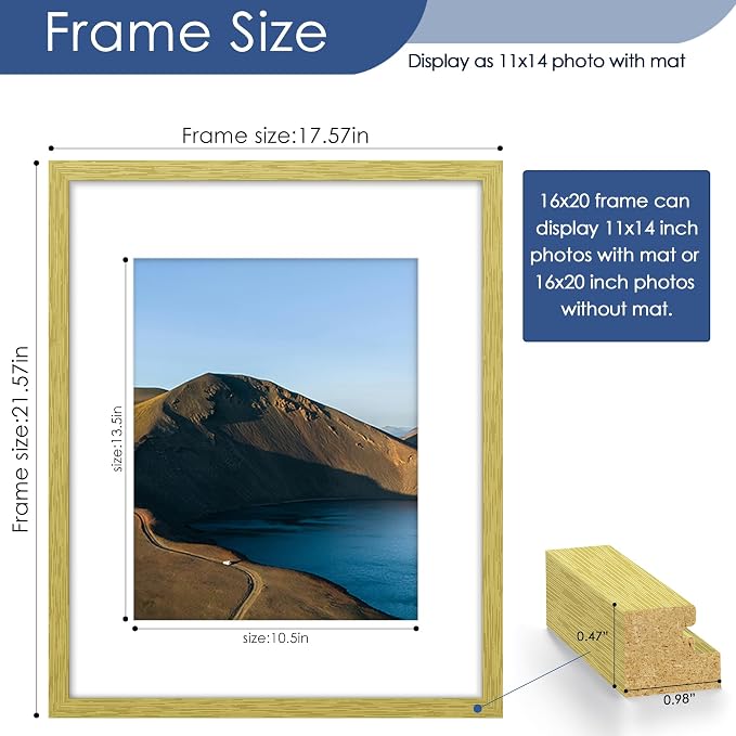 16x20 Picture Frame Set of 6, Wall Mount Display, Gold | Display Pictures 11x14 with Mat or 16x20 Without Mat, Horizontal or Vertical, Gallery Wall Frame Set, Wedding Birthday Gifts