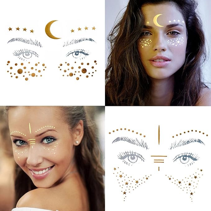 54 Sheets Gold Glitter Freckles Face Tattoo, 150+ Pcs Halloween Face Glitter Temporary Tattoo Stickers, Sparkle Freckles Metallic Face Gems, Faux Freckles Cute Glitter Makeup Accessories For Women