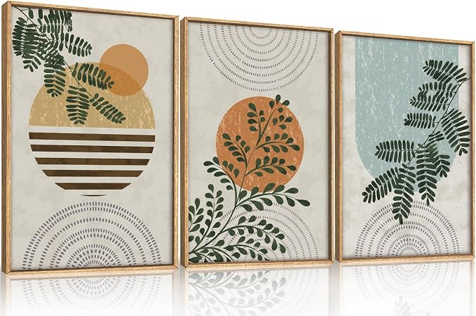 FWIEXA Framed Boho Canvas Wall Art Set, Sage Green Botanical Pictures Wall Decor, Abstract Plants Art Prints, Mid Century Modern Geometric Wall Painting, 3 Panel 16x24 Inches for Living Room, Bedroom, Office