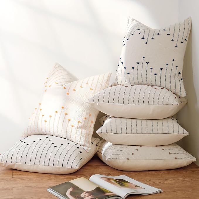 YCOLL Boho Outdoor Throw Pillow Covers 22x22 Set of 2 Neutral Woven Decorative Pillowcases Cotton Tufted Couch Pillows Modern Farmhouse Cushion Covers for Sofa Couch Bed Living Room Home Decor, Gray