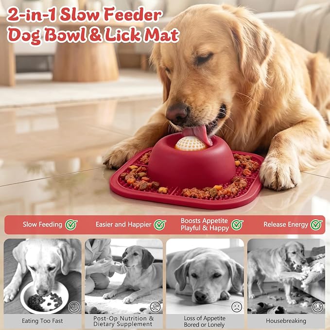 Slow Feeder Dog Bowls & Lick Mat for Liquid and Thick Treat, Anti-Slip Dog Lick Bowl with Interactive Rolling Ball, 5/6 Cup Pup Licking Toy for Large Medium Small Dogs and Cats Red
