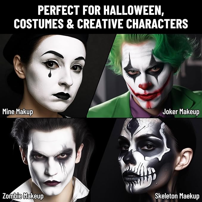 BOBISUKA Black & White Face Body Paint + Setting Powder + 3PCS Artist Brushes Face Painting Kit for Adult Large Capacity Professional Oil Based Cream Paints Palette For Halloween Clown Skeleton Vampir