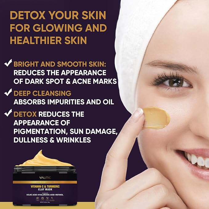 VALITIC Vitamin C & Turmeric Clay Mask - Dark Spot Corrector with Kojic Acid, Hyaluronic Acid & Retinol - Skin Care Routine for Minimizing Pores & Blackheads - with Applicator Brush - 100g