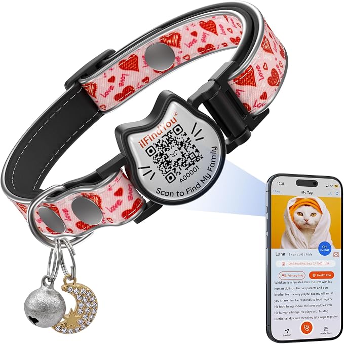 Breakaway Cat Collar with QR Code Name Tag&Bell, Adjustable Kitten Collar, Reflective Anti-Lost Safety Cat Collars for Girl Cats & Boy Cats, Comfortable Durable Nylon Pet Collar(Love)