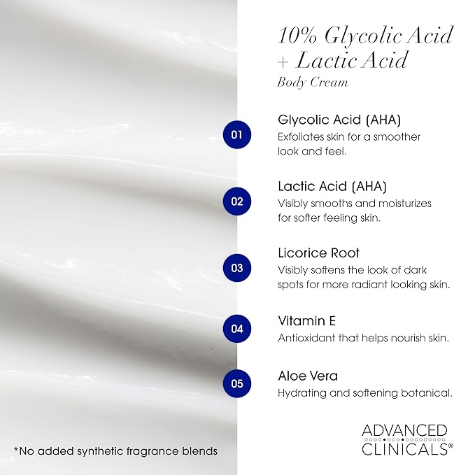 Advanced Clinicals Brightening Vitamin C Body Cream + AHA Exfoliating 10% Glycolic Acid & Lactic Acid Lotion 2PC Skincare Set For Women & Men To Reduce Appearance Of Dark Spots & Uneven Skin Tone