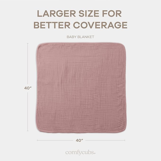 Comfy Cubs Muslin Baby Blanket 40" x 40" L - Swaddle Blankets Mauve | Soft, Lightweight, 6-Layer Cotton Breathable Baby Blankets - Comfortable, Gentle & Versatile Cotton Baby Blankets for Sleep