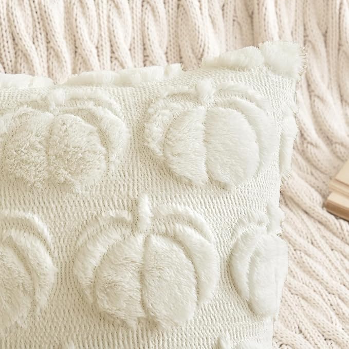 MIULEE Fall Pillow Covers Pumpkin Fall Decor 18x18 Cream White | Set of 2 Fall Decorations for Home, Plush Faux Fur Farmhouse Accent Pillowcases, Porch Sofa Couch Cushion Bed Livingroom