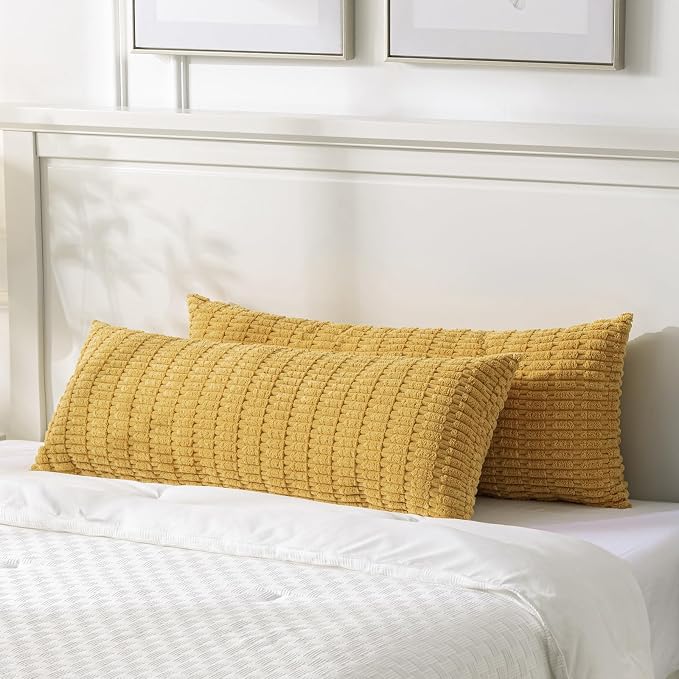 Fancy Homi Decorative Throw Pillow Covers for Bed Couch Bedroom Bench, Soft Lumbar Corduroy Solid Pillow Case, Rustic Farmhouse Boho Room Décor, 54" x 20" (Pack of 1), Mustard Yellow