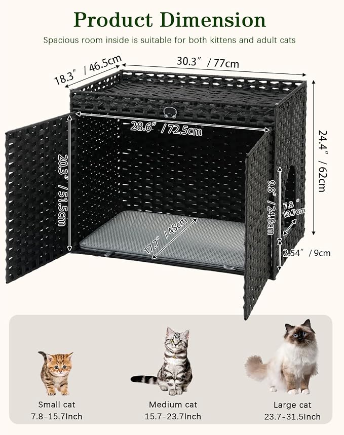SETVSON Cat Litter Box Enclosure Furniture, Hidden PE Rattan, Black | Large Double-Door PE Rattan Kitty House, Fits Large Covered Litter Boxes, 2 Litter Mats, 2 S-Hooks, Metal Frame