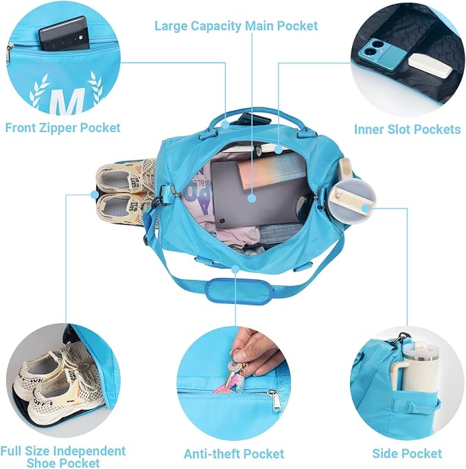 Gym Bag for Women, Personalized Duffle Bag with Shoe Compartment, Sports Bag for Yoga & Dance with Wet Pocket and Mat Strap(AquaBlue,J)