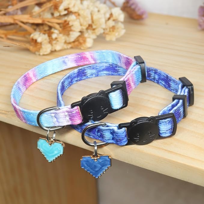 Cat Collar Breakaway, 2 Pack Cotton Kitten Collars with Bells and Removable Charms, Cute Heart Shaped for Indoor Boy, Girl and Adult Cats
