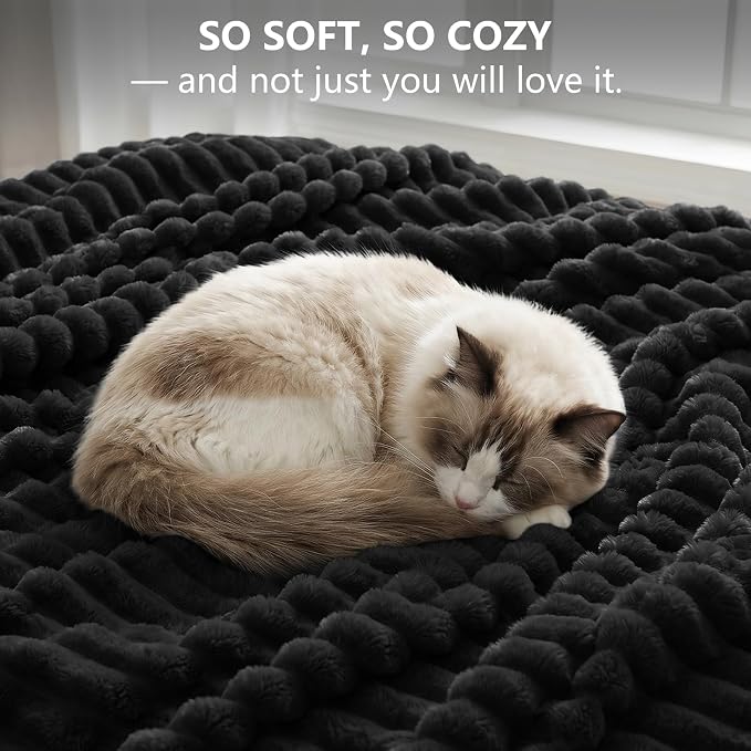 Black Blankets Queen Size for Bed, 90 x 90 Inch | 300GSM Ribbed Fleece Blanket, Soft, Cozy & Lightweight, OEKO-TEX Certified, All-Season for Bedrooms, Guest Rooms & Gifting