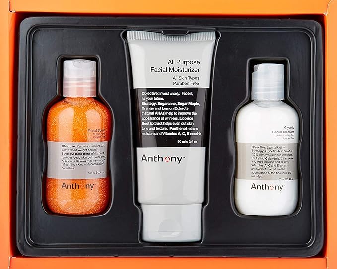 Anthony Face It & Go Kit, Set Includes Glycolic Facial Cleanser 3.4 Fl Oz. All Purpose Facial Moisturizer 3 Fl Oz. Facial Scrub 3.4 Fl Oz.