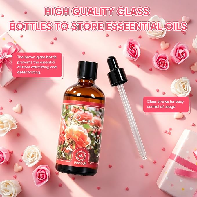 Essential Oil Rose 3.38 fl oz with Glass Dropper, Pure Fragrance Oils | Natural Essential Oils for Diffusers for Perfect for Diffuser, Home, Yoga, DIY Candle and Soap Making - 100ml