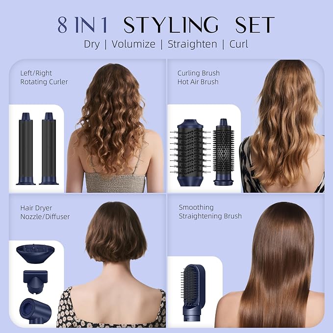 DORISILK 8 in 1 Hair Styler, 110000 RPM High-Speed Hair Dryer Brush Blow Dryer and Auto Wrap Curlers, Negative Ions Hot Brush Styler Smooth for Fast Drying Volumizing Straightening Curling, Deep Blue