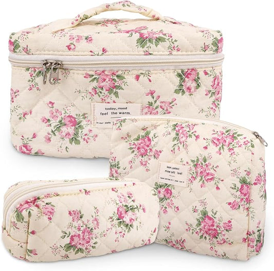 GISMTR 3Pcs Cotton Quilted Makeup Bag Large Travel Cosmetic Bag Coquette Makeup Pouch Cute Aesthetic Floral Toiletry Bag for Women Girls (flower-M)