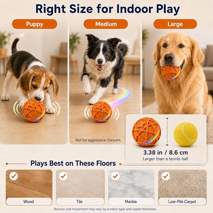 Interactive Dog Ball Toy,Motion-Activated,Rolling&Bouncing,RGB Light