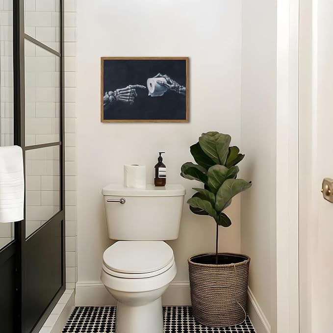 Funny Skeleton Bathroom Wall Art Gothic Skull Hand and Toilet Paper Bathroom Wall Decor Picture, Dark Academia Restroom Poster Canvas Print Painting 16x24 inch Wood Framed