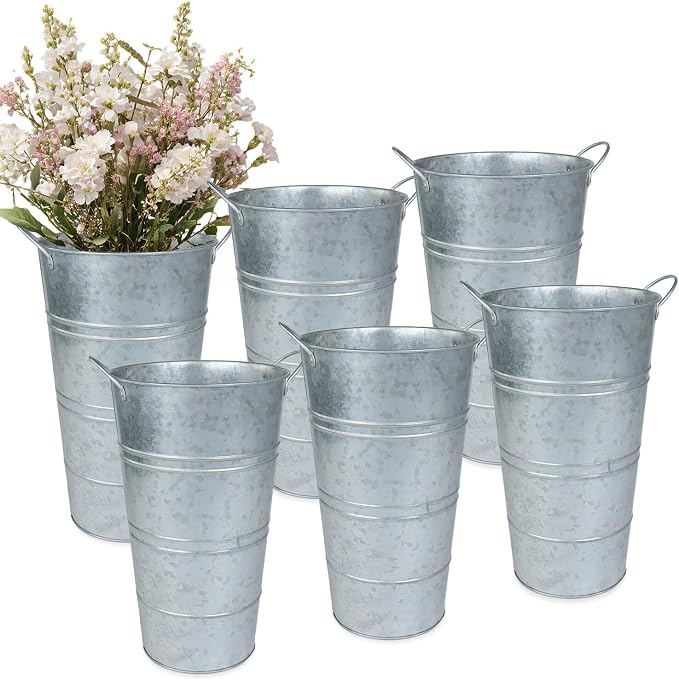 12 Inch Galvanized Metal Vase, 6 Pack Tall Flower Buckets with Handles | Galvanized metal flower buckets with handles, rustic tall vase design for dried flowers, weddings, farmhouse and home decor.