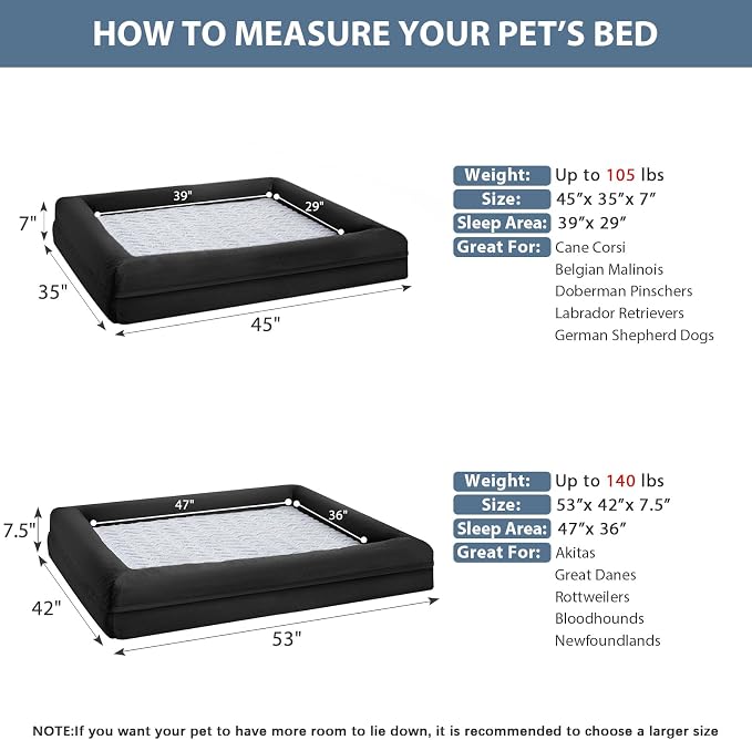 WNPETHOME XXXL Big Large Orthopedic for Senior Dog Bed Comfy Sleeping | Washable Waterproof Dog Couch with Removable Cover, Large Pet Sofa Bed with Bolster Sides for Relaxing Black 53x42 Inch