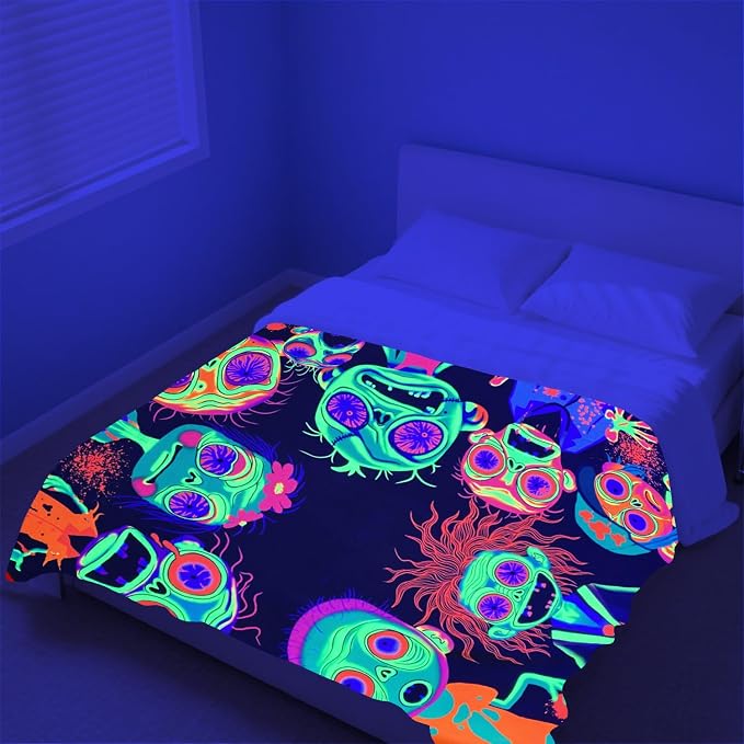 Blacklight Horror Scary Throw Blankets UV Reactive Funny Zombie Throw Blanket Glow in the Dark Under Black Lights Game Room Decor Soft Throw Gifts 59x51 Inches