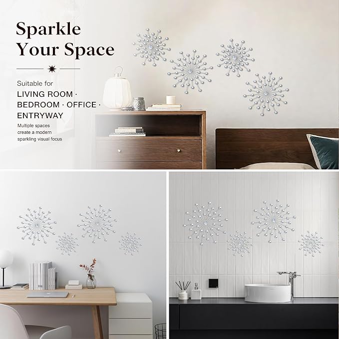 ZEXUIRU 4 Set Silver Starburst Wall Art for Home Decor Metal Bling Crystal Rhinestones Sunburst Wall Decor Sparkling Rhinestone Art Accent Silver - 13 in