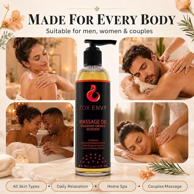 Massage Oil for Couples, Women & Men (1 Bottle, 8 fl oz) - Fox Envy Orange Blossom with Rosemary Scented Sensual Oil with Coconut Oil & Jojoba Oil - Enhances Stimulation for The Body & Muscles