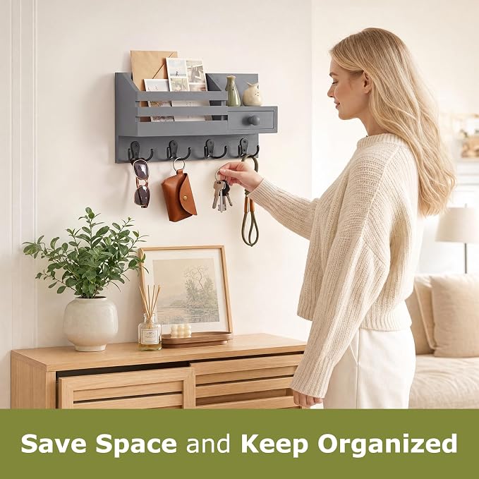 Key Holder Wall Mount, Wooden Key and Mail Organizer, Gray | 2 Mount Options, Includes 8 Hooks, Fence Mail Slot, Small Drawer and Shelf, for Entryway, Hallway, Doorway, Living Room, RV