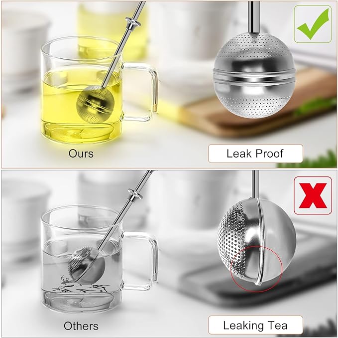 2Pcs Long Handle Tea Ball, One Handed Pressing Operation, Easy to Use | Fine Mesh Holes, Stainless Steel Ball, No Tea Residue, For Cup and Teapot, Tea Lover Gift, Free Clean Brush