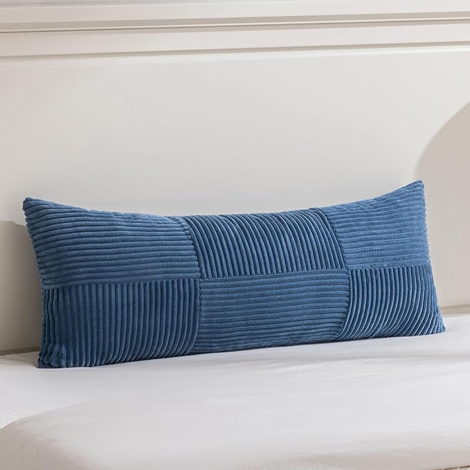 Fancy Homi Set of 1 Dusty Blue Boho Long Lumbar Body Decorative Throw Pillow Cover 14x36 Inch for Bed Couch Bedroom Bench, Soft Patchwork Corduroy Textured Pillow Case, Rustic Farmhouse Room Decor