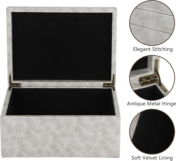 HofferRuffer Faux Leather Decorative Box, Large Wooden Structure Keepsake Box Accessory Organizer Jewelry Organizer with Hinged Lid, Storage Container for Home or Office (Grey)
