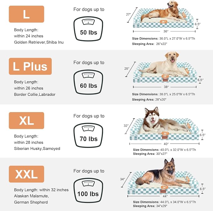 Orthopedic Dog Bed for Large Dogs, 38 x 25 Inch, Green Grid | Egg crate foam for joint support, 3-sided bolster pet sofa, waterproof lining, washable cover, and non-skid base
