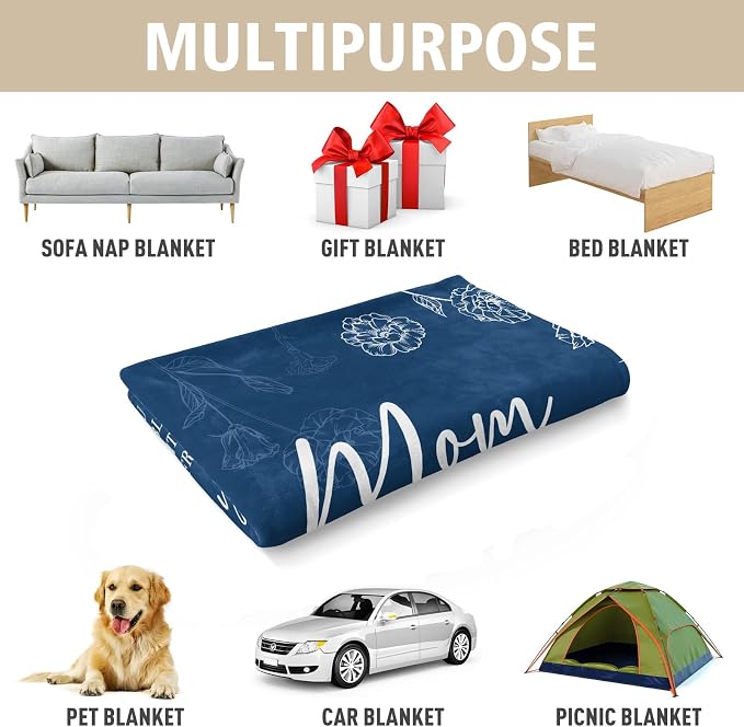 GiltGlimmer Mom Birthday Gifts, Mom Floral Blanket Blue, 60" x 50" | Gifts for Moms from Daughter Son, We Love You Present for Mother Mommy Christmas Mothers Day